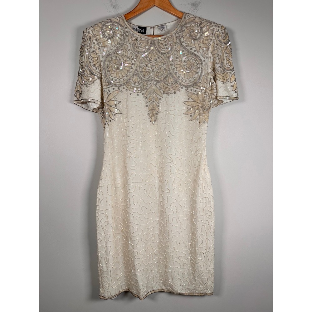 VTG Carina Dress Women S Cream 100% Silk Beaded Glam Bridal Wedding Beaded